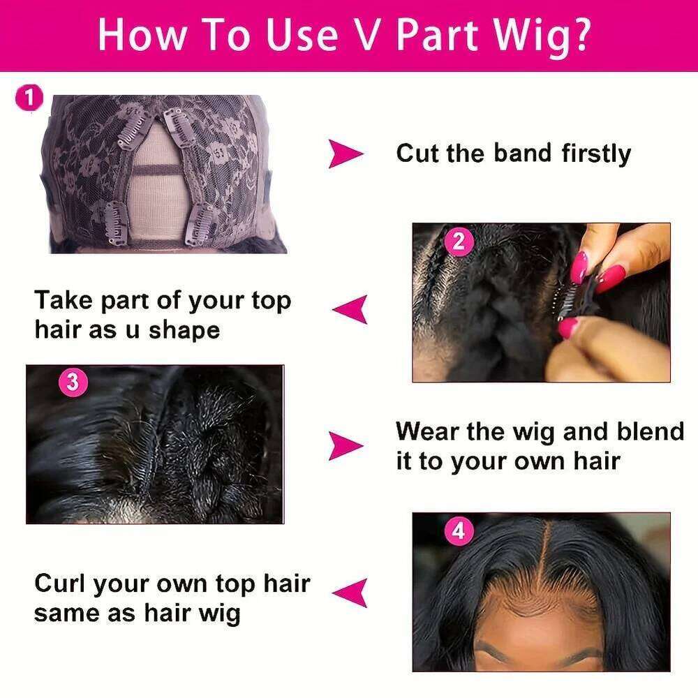 Kinky Straight V Part 100% Human Hair- Clip In Half Wig For Women-hine Made,150/200/250 Density,Nature Black ,8-24 Inches