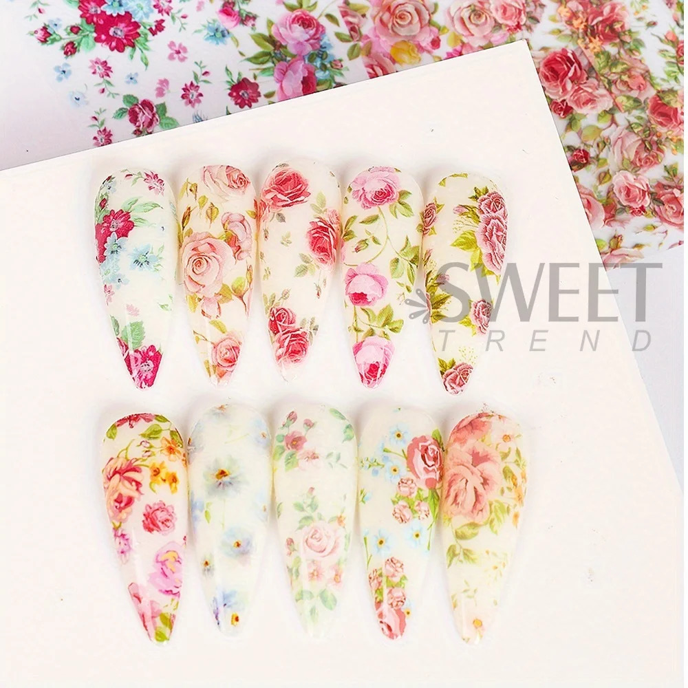 10PCS Mixed Nail Art Foils Transfer Sticker Set Rose Flower ns Floral Starry Sky Wraps Wedding Summer Manicure Decor 250605