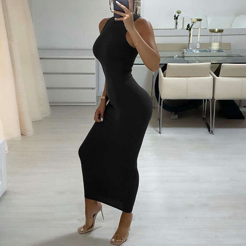 Women's Solid Color Bodycon Sleeveless High Elastic Round Neck Ribbed Casual Sexy Dress Trendy B5