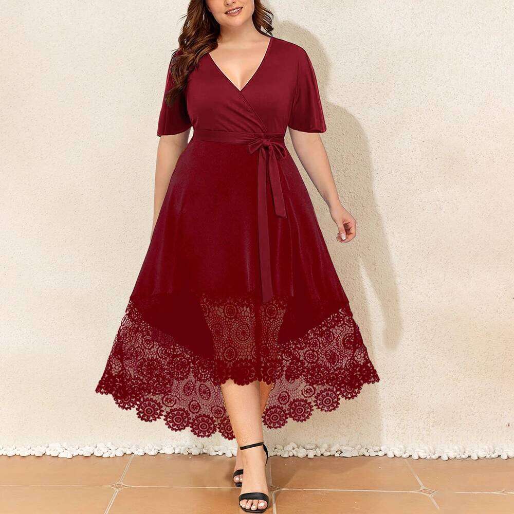 Plus Size Womens Sexy Lace Floral V-Neck Pockets Midi Dress Ladies Short Sleeve Evening Party tail Ball Gown Sundress XL-5XL