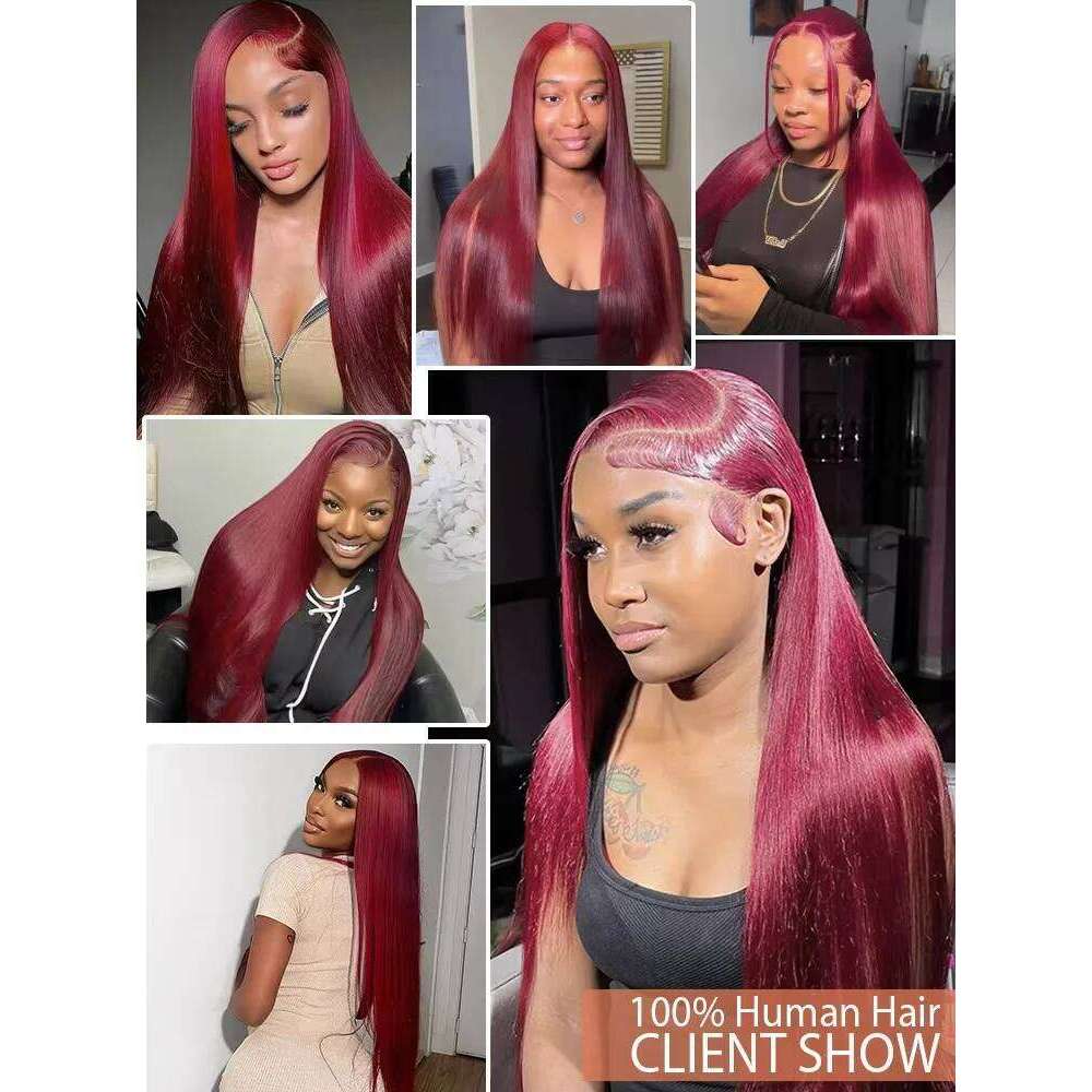 220 Density 99J Bury 13x6 HD Transparent Frontal Wig 13x4 Bone Straight Colored Lace Front Human Hair Wigs For Women