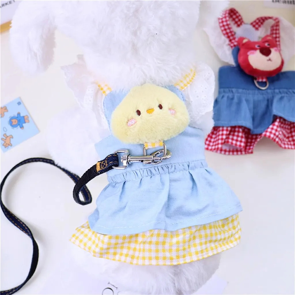 Cute Doll Puppy Dogs Harness And Leash Set Pink Yellow With Denim Apparel Skirt Pet Dresses Collar Chihuahua XS XL Pug 250609