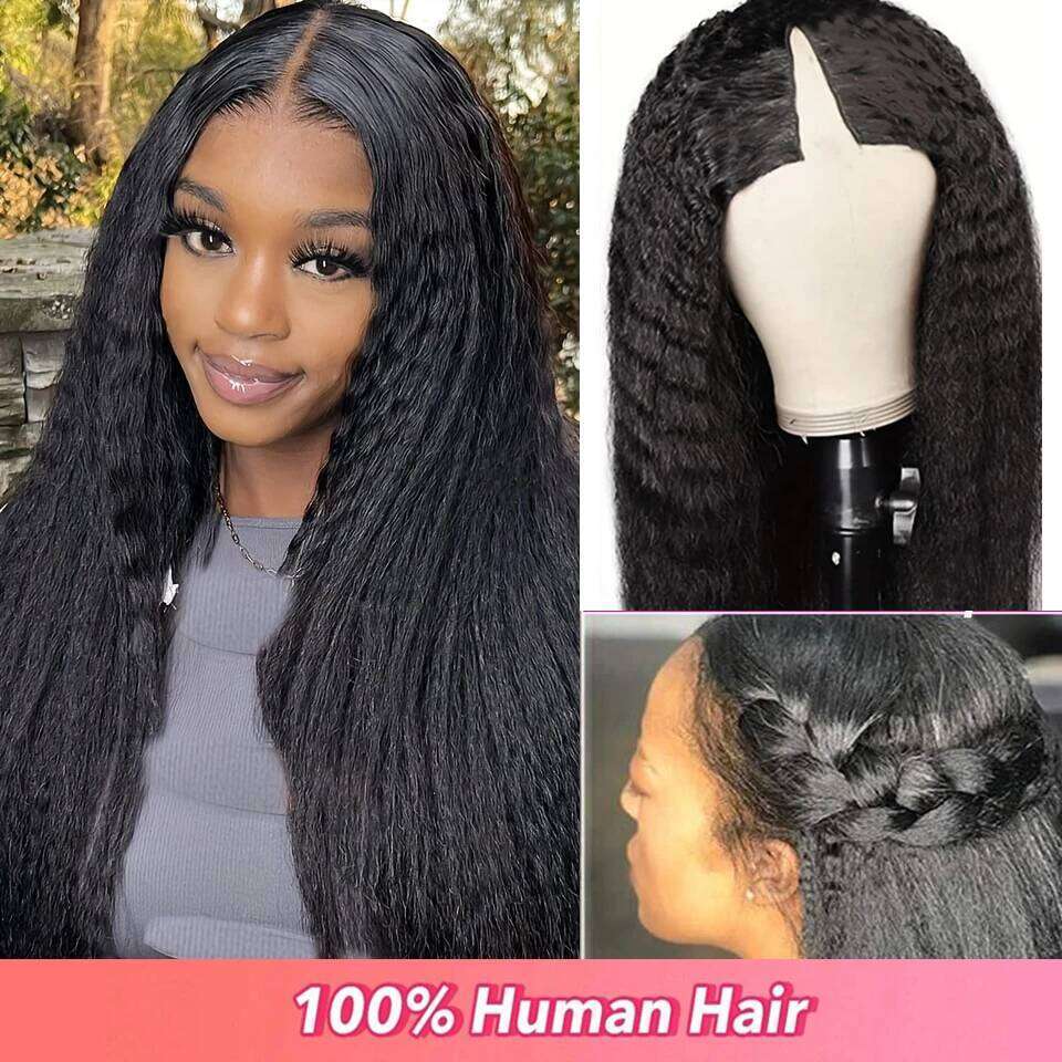 Kinky Straight V Part 100% Human Hair- Clip In Half Wig For Women-hine Made,150/200/250 Density,Nature Black ,8-24 Inches