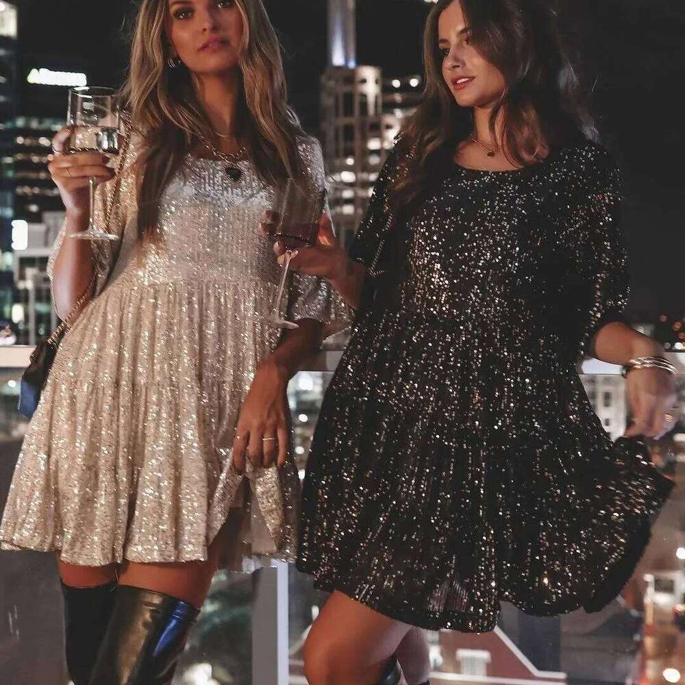 2024 Fashionable Sequins Round Neck Loose-Fit Waist Short Sleeves Dress New Arrival European American Foreign Trade Direct Sales