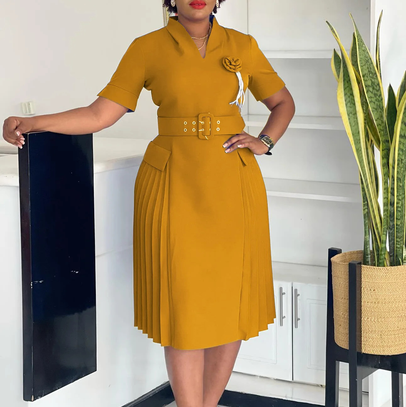 AOMEI Women Elegant Dresses V Neck Short Sleeves Pleated Waist Belt 3D Flowers Classy Church Business Party Female African 250603