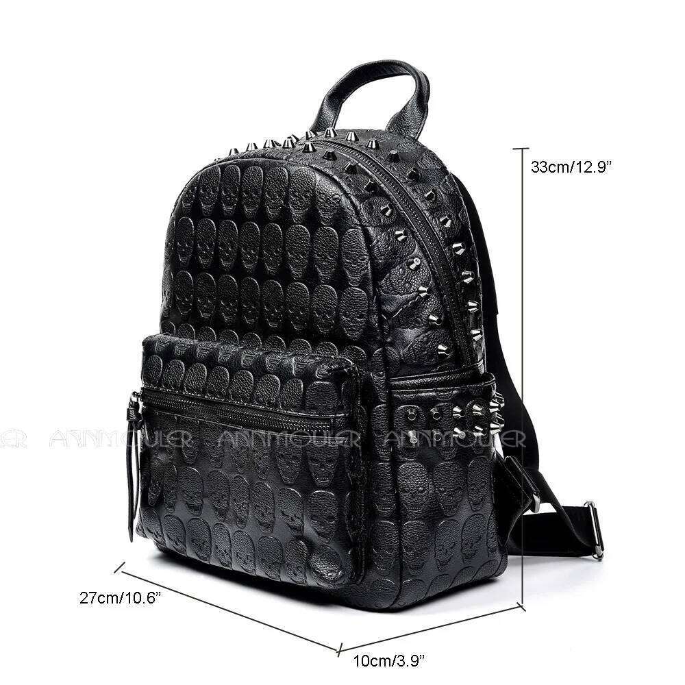 Annmouler Brand Designer Unisex Backpack Black Skeleton Daypack Punk Rivet School Quality Rucksack Travel Bag