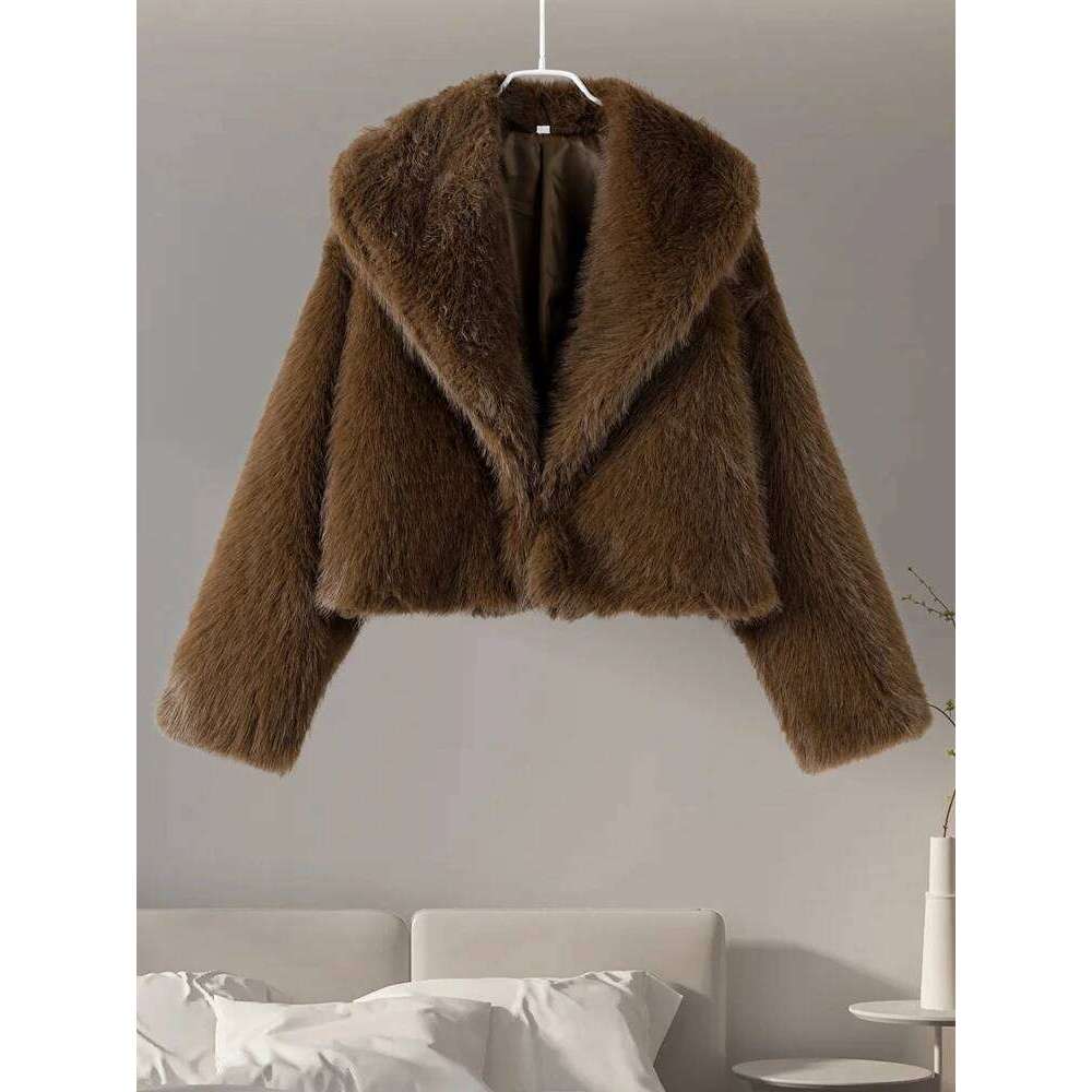 Coffee Faux Fur Short Coat Women Fluffy Lapel Long Sleeve Warm Thick Loose Jacket 2025 Fashion Winter Lady High Street Outwear