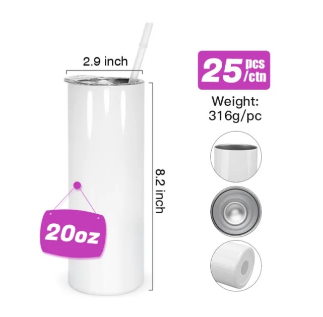 US Warehouse! 20oz Sublimation Straight Tumblers With Seal Lids & Metal Straws & Rubber Bottoms