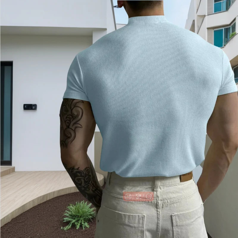 spring summer Elastic Comfortable Mens T-shirt Small high collar stripe shirt short sleeve fitness tops sports casual T-shirt 250603