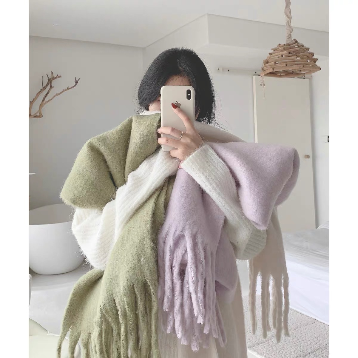 P179718 new scarf solid color mohair winter macaron thick beard tassel warm ladies autumn and winter Christmas