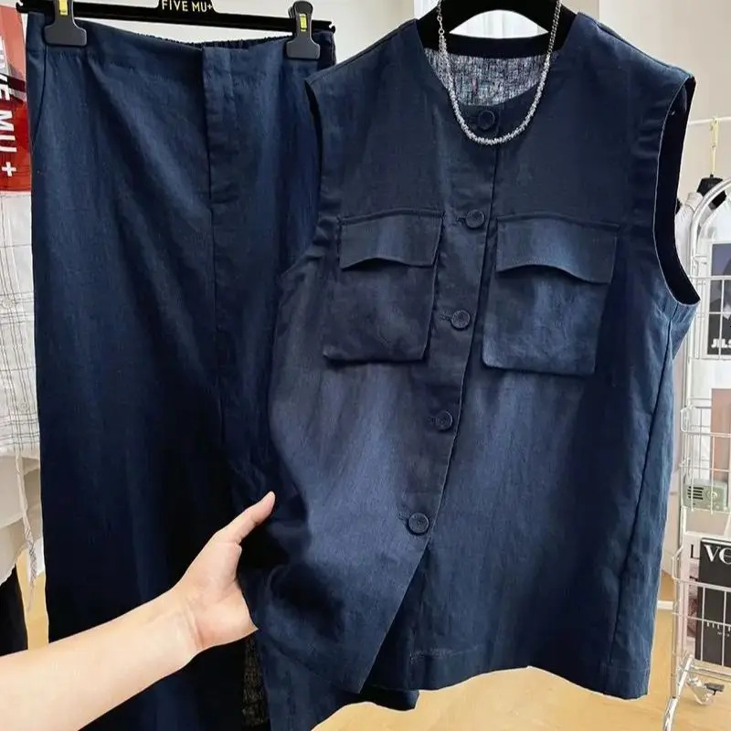 Limiguyue Summer Linen Set Fashion Pockets Sleeveless Vest Top Sense Split Midi Half Skirt Women 2 Piece Sets Casual 756P 250606