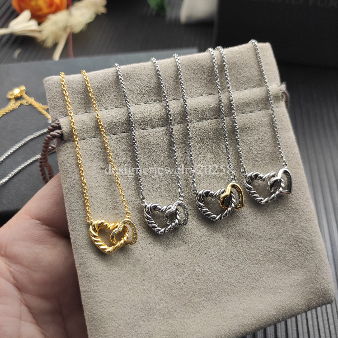 2025 DY Hearts Necklace Designer Women Luxury Yurmans Necklaces Color Separation Rope Jewlery Iced Out Entwined Loops Design Personalized sunflower Round Zircon