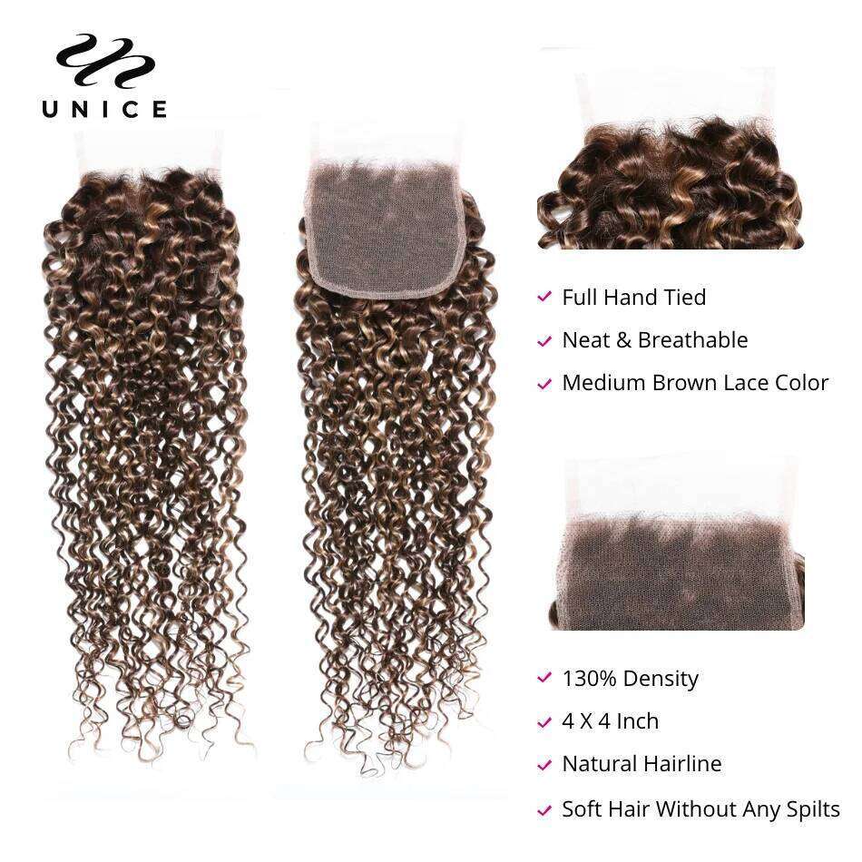 UNice Highlight Blonde Curly 2/3/4 100% Human Hair Lace Closure With Bundles Sew In Quick Weaves