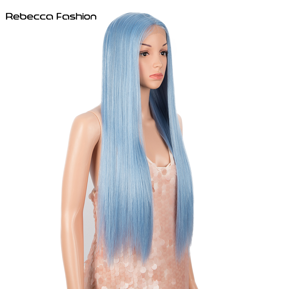 Rebecca Fashion Synthetic Blue Highlights Colors Straight Wig Middle Part Lace Wigs For Black Women Heat Resistant Cosplay