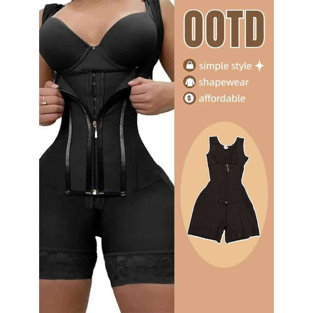Women's Lace-Trimmed Shapewear Bodysuit - Tummy Control Corset with Adjustable Straps & Zipper, Black, Comfortable