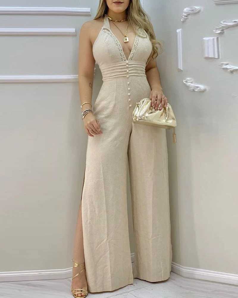 Mandylandy Beige Sexy Jumpsuits Women Sleeveless Halter Neck Lace Spliced Split Jumpsuit Slim Fit Wide Leg Pants Jumpsuits XJ250609