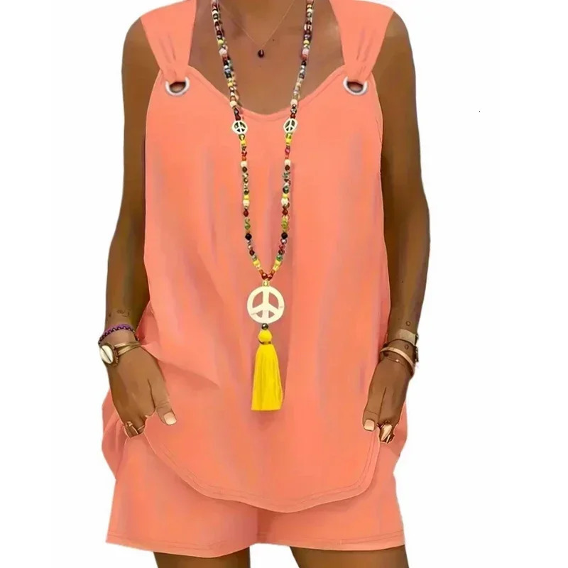 Plus Size 1XL5XL Women Solid Chic Casual TwoPiece Set Comfortable Crew Neck Tank Top Grommet Eyelet Detail Trendy Shorts 250603