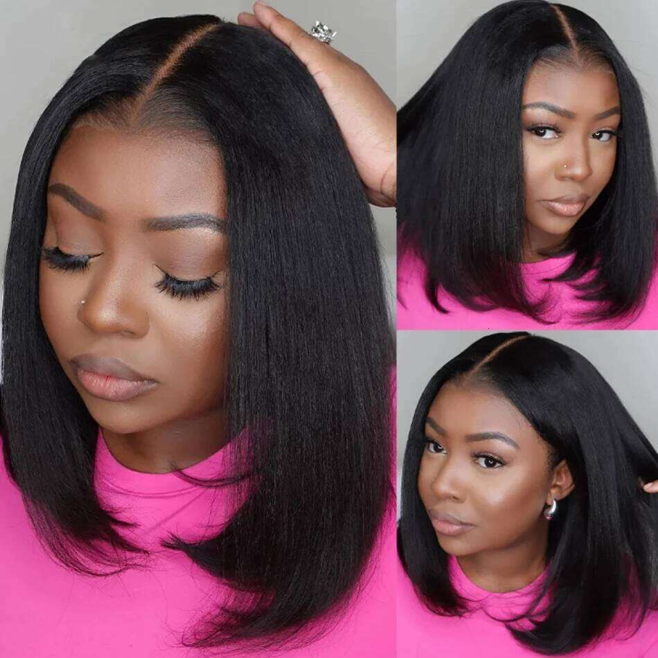 12A Kinky Lace Frontal 100% Human Bob Wigs For Black Women Yaki Straight Brazilian Remy Hair Wig Natural Color