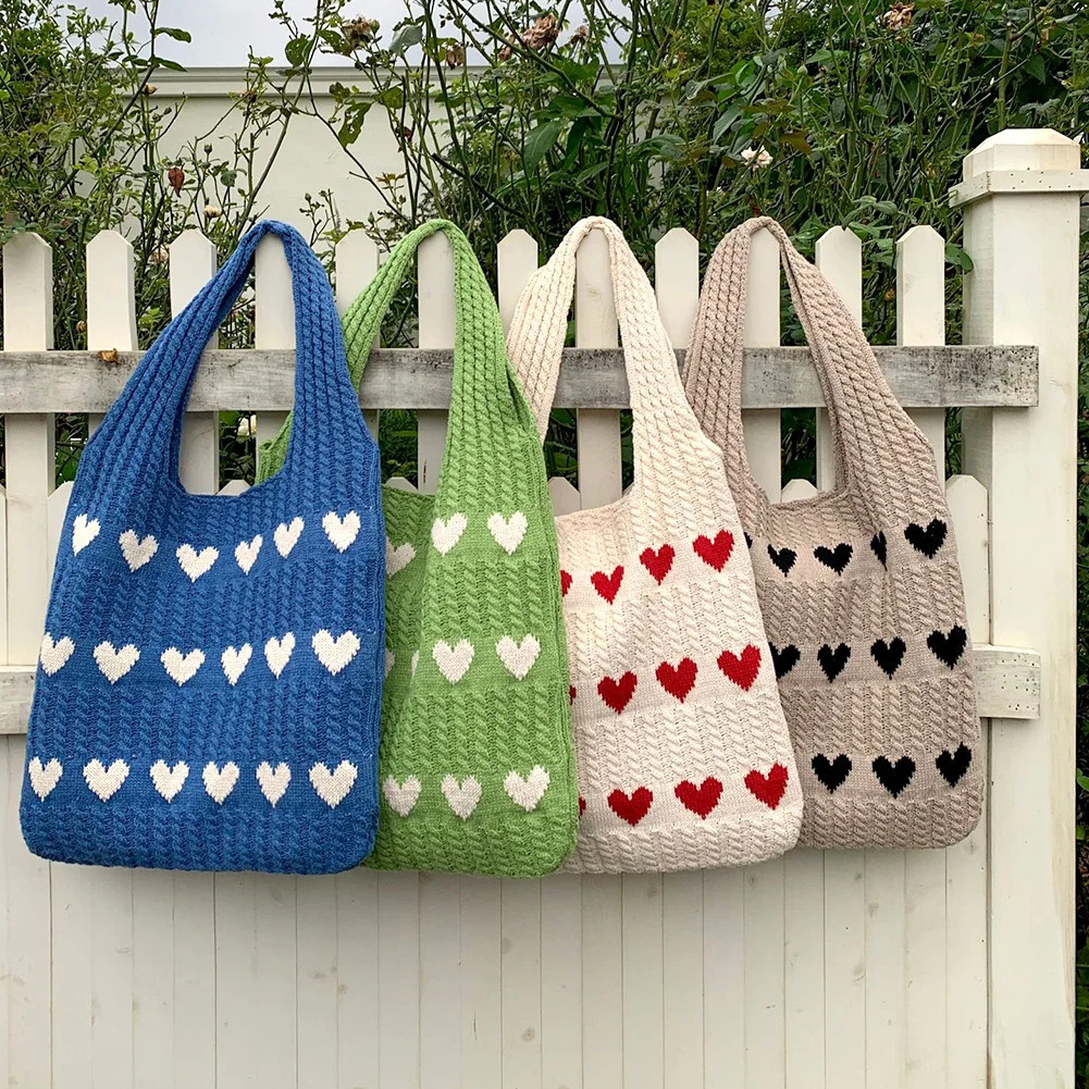 Heart Print Hollow Knitted Handbags Large Capacity Shoulder Bag Woven Beach Purses Fashion Casual Shopping Women Gifts 250523