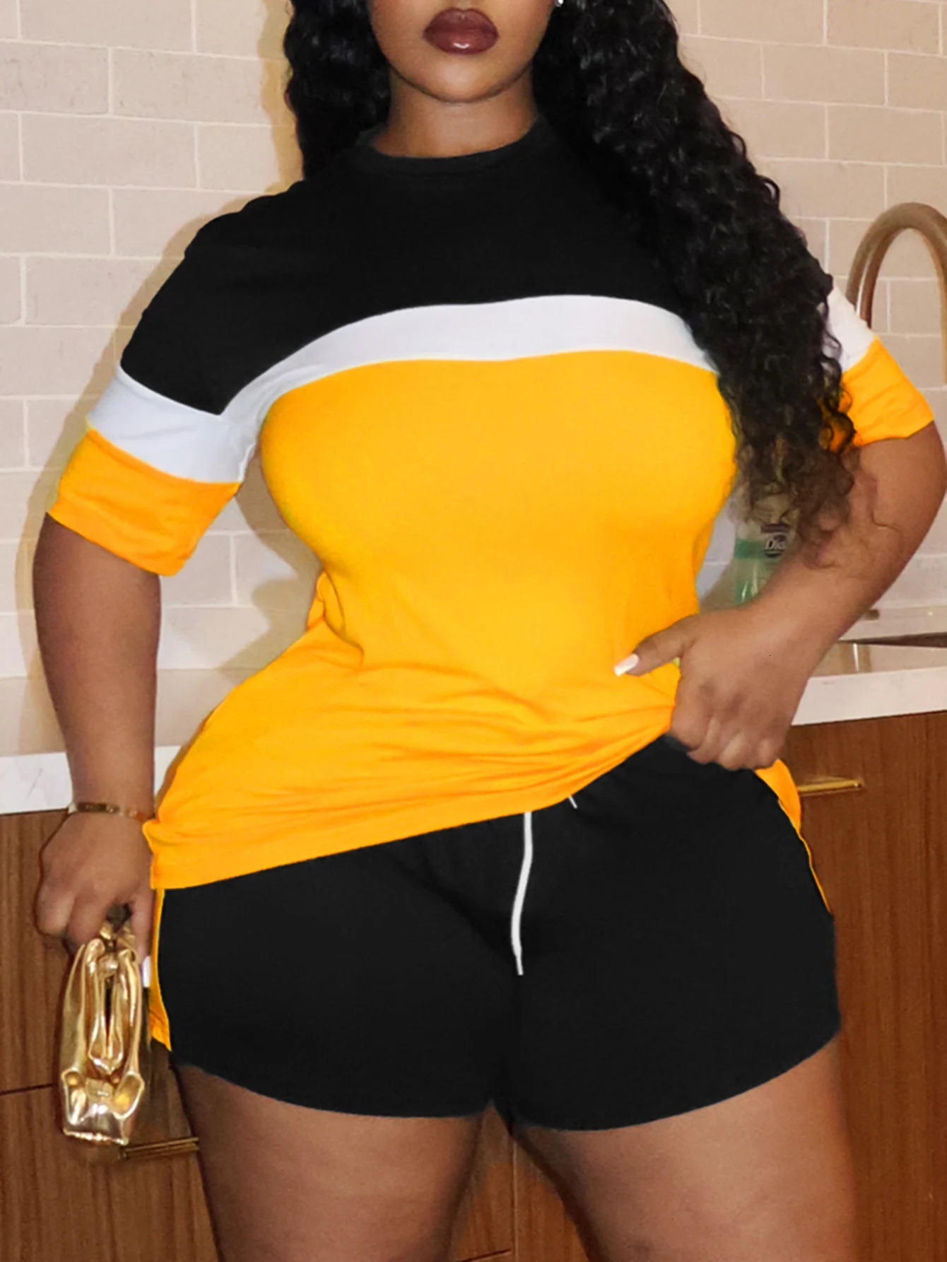 LW Plus Size women clothing Striped Pocket n Shorts Set plus size matching sets casual summer short sleeve Top shorts set 250603