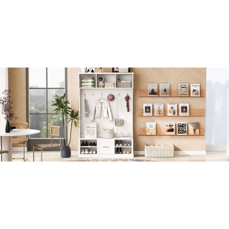 U-Can 57'' Hall Tree with 6 Hooks, Coat Hanger, Entryway Bench, 3-in-1 Design, A Spacious Drawer for Entrance, Living Room