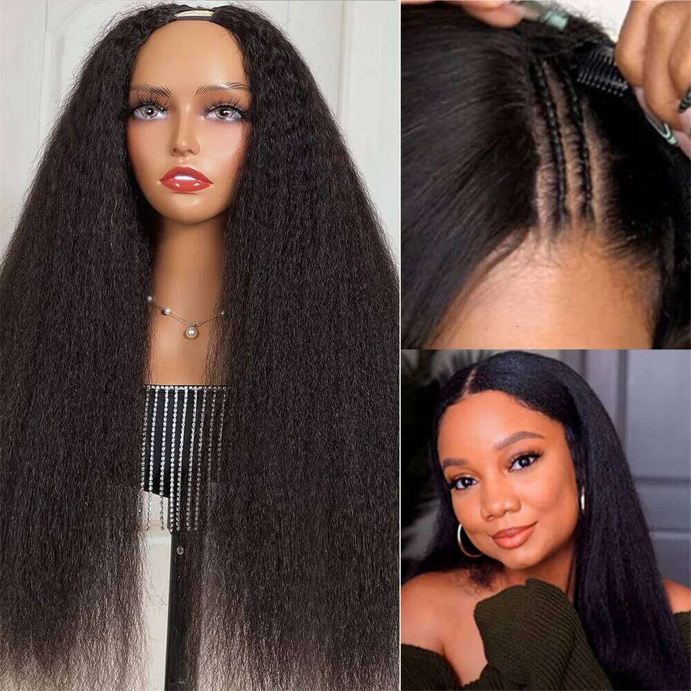 V Part Kinky 180% Density Human Hair Wig for Black Women Yaki Straight hine Made Natural Color