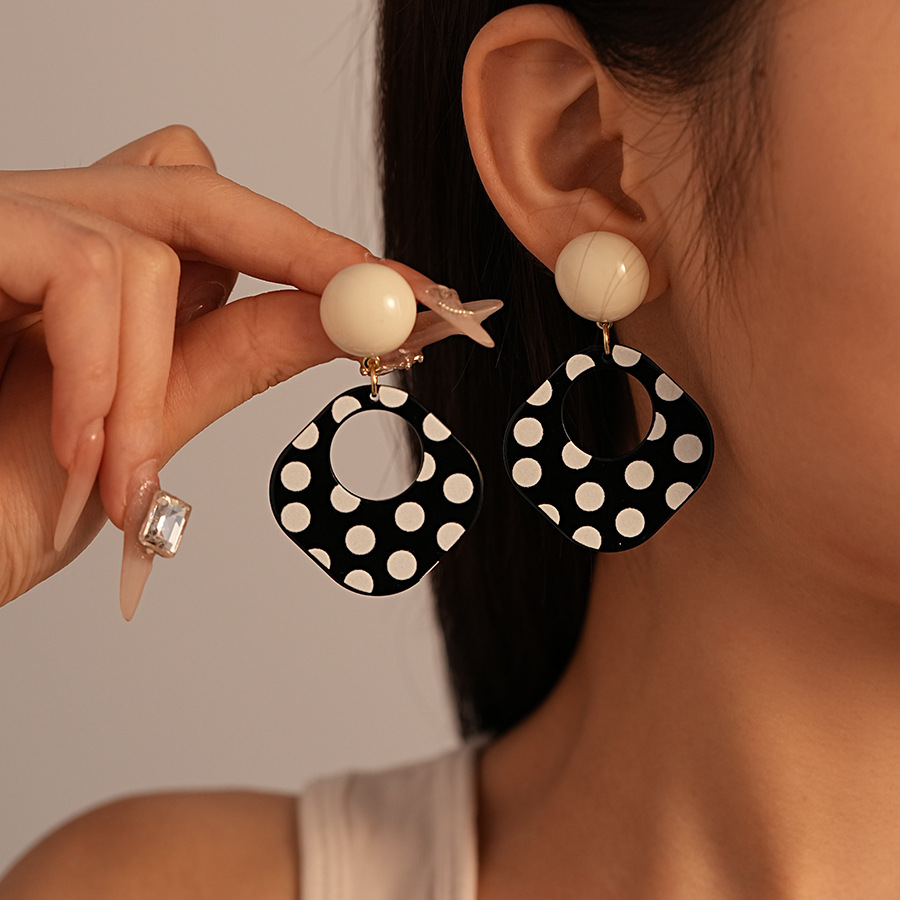Vintage Acrylic Black White Polka Dot Square Geometric Earrings with Sterling Silver Needles Stylish Minimalist Elegant Statement Ear Jewelry for Wome