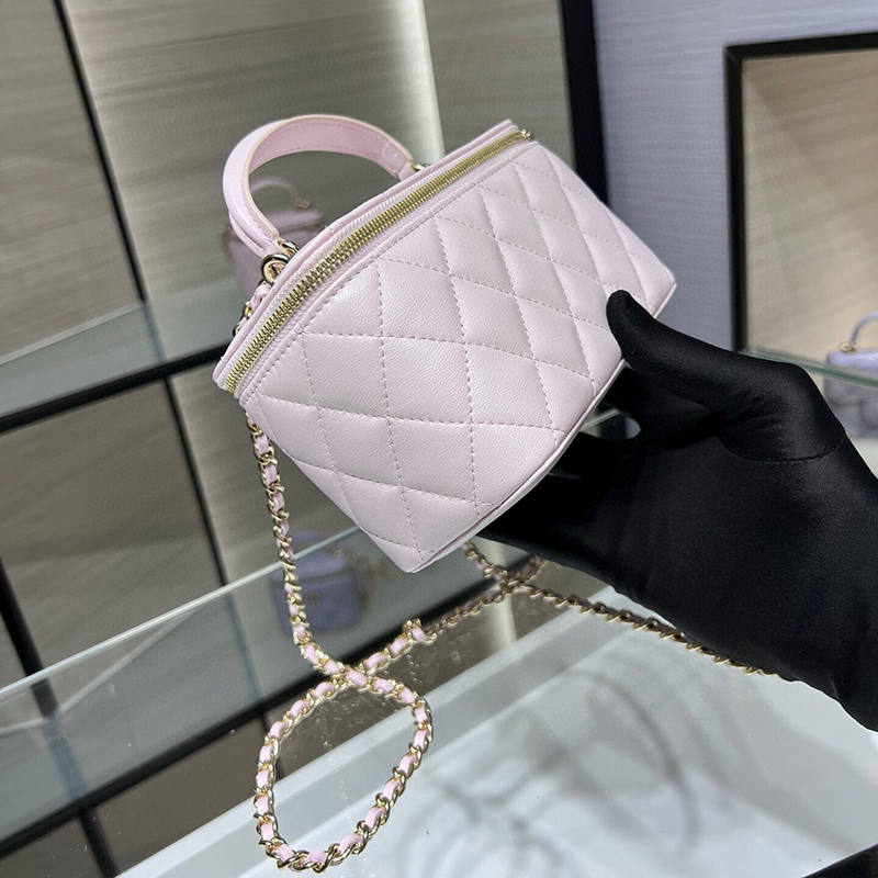 Luxury Lambskin Vanity Case with Handle - Designer Cosmetic Bag & Top Mirror Quality Chain Purse with Box 24C20F