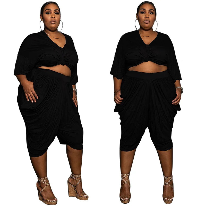 Plus Size Women Clothing Wholesale Casual Fashion Solid Loose Crop Top Stacked Wide Leg Pants Two Piece Sets Summer Drop 250530
