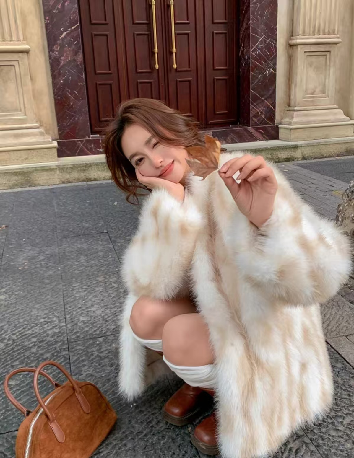 Fashionable Ivory Beige Faux Fur Wool Coat with Creative Orange Pattern for Women - Warm & Luxurious