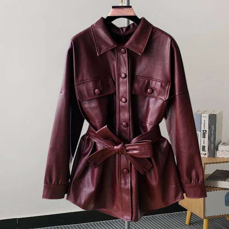 New Mid Women Faux PU With Belt Black Wine Red Casual Lapel Single-breasted Long Sleeve Fake Leather Jacket