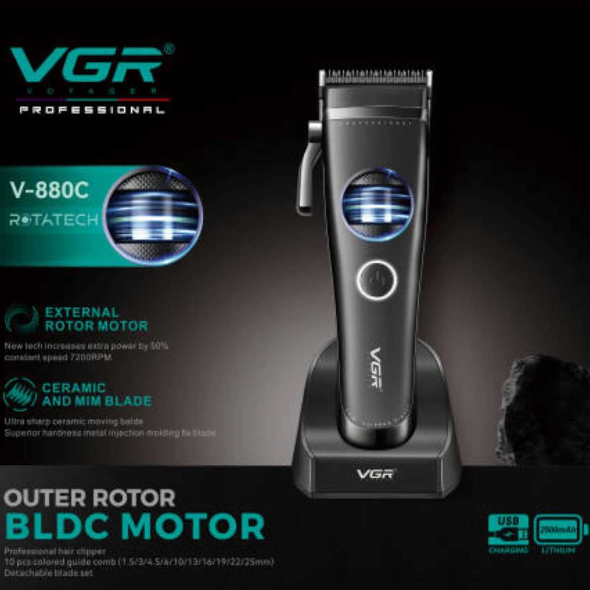 VGR Hair Trimmer Professional Brushless Motor Clipper Hair Cutting Machine Adjustable Charging Base Hair Trimmer for Men V-880 W250609