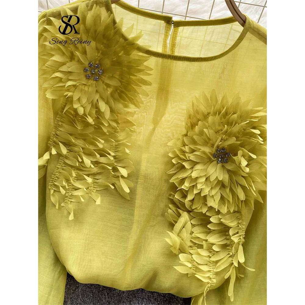 SINGREINY Spring Loose Satin Blouse Women O Neck Long Sleeves Sheer Bohemian Top 2025 Transparent 3D Floral Casual Shirt