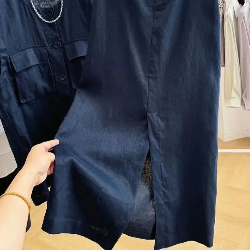 Limiguyue Summer Linen Set Fashion Pockets Sleeveless Vest Top Sense Split Midi Half Skirt Women 2 Piece Sets Casual 756P 250606