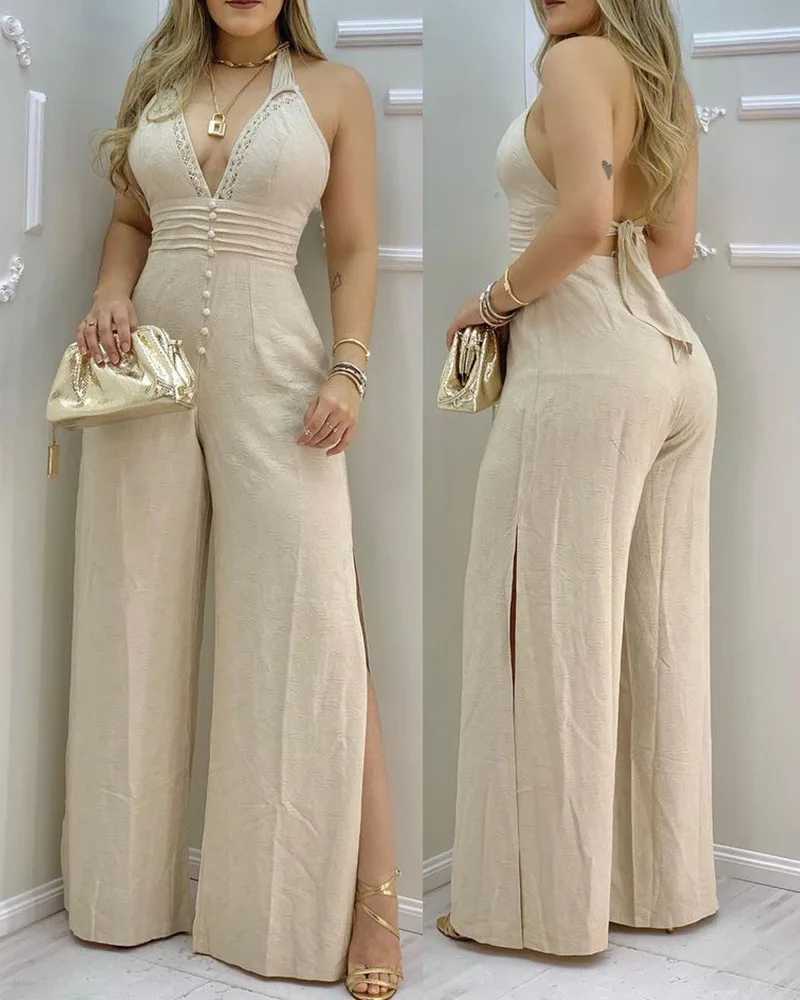 Mandylandy Beige Sexy Jumpsuits Women Sleeveless Halter Neck Lace Spliced Split Jumpsuit Slim Fit Wide Leg Pants Jumpsuits XJ250609