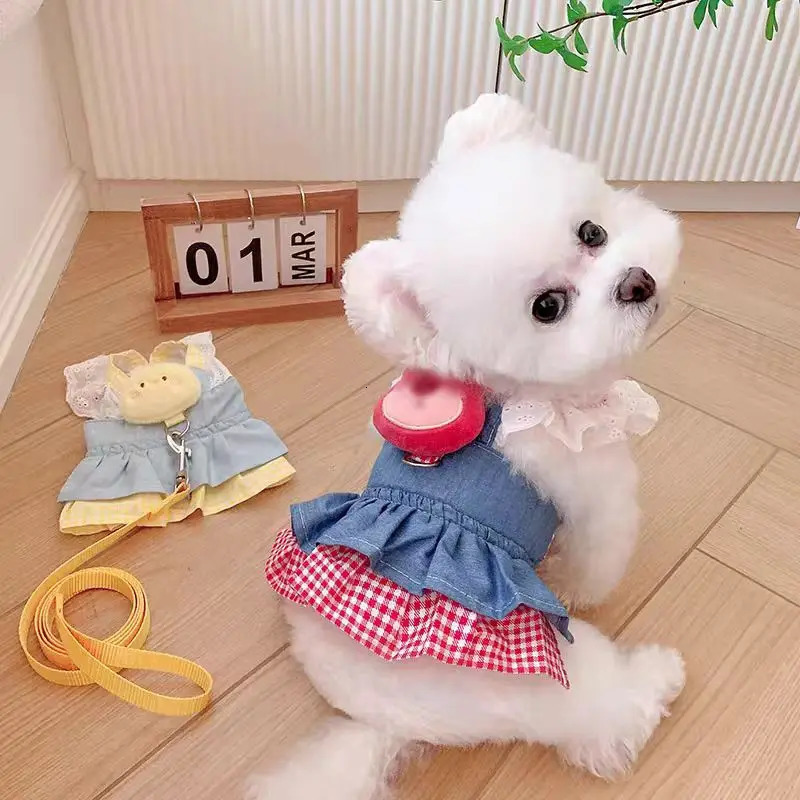 Cotton Girl Boy Collar Accessories For Small Dogs Yellow Pink Pet Outdoor Walking Cat Kitten Harness Dress With Plaid Apparels 250609