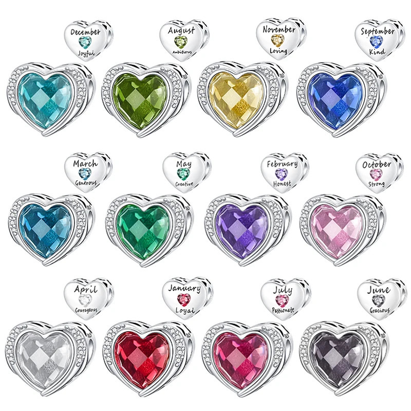 925 Sterling Silver January-December Birthday Stone Love Zircon Pendant Bead Fit Charms Necklace Bracelet Women Jewelry DIY Gift 250609