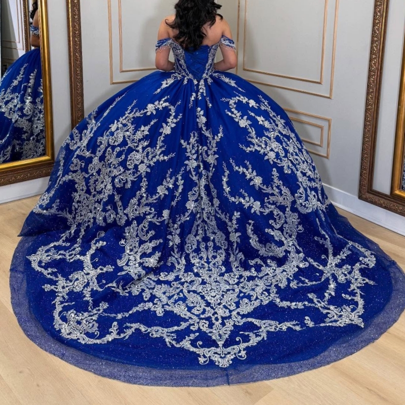 Royal Blue Quinceanera Dresses Ball Gown Off The Shoulder Applique Lace Beads Tull Sweet 16 Dress Vestidos 15 De Anos
