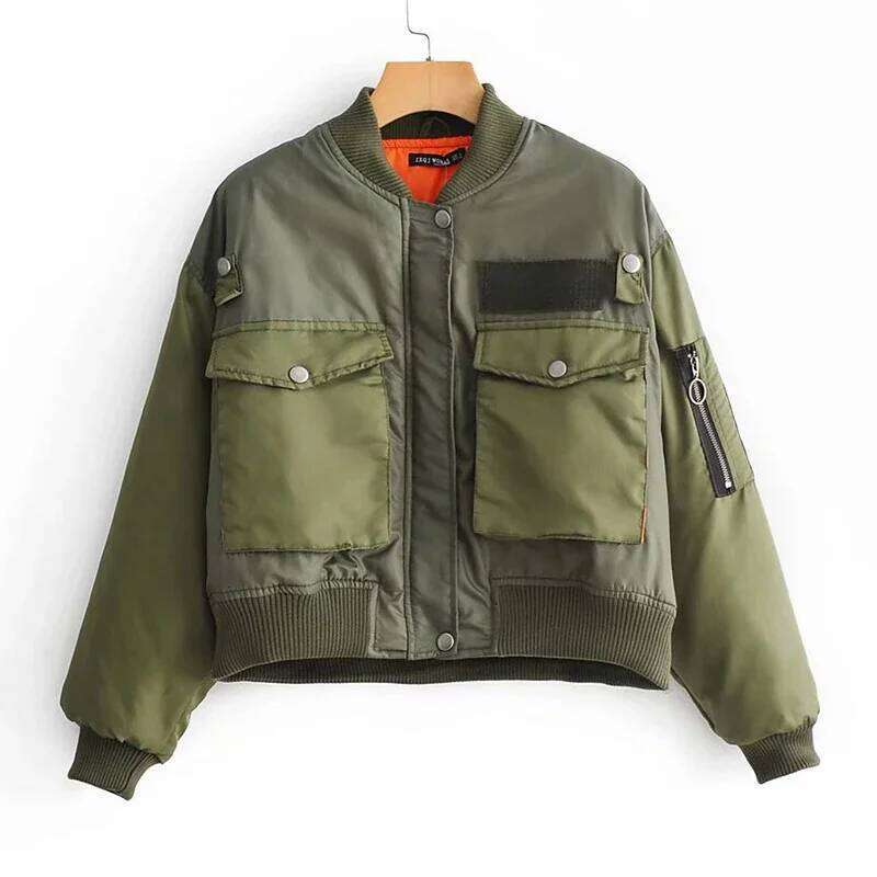 Autumn Winter Cropped Bomber Jacket Women Long Sleeve Zipper Patchwork Outerwear Casual Loose Army Green Aviator Quilted Coats