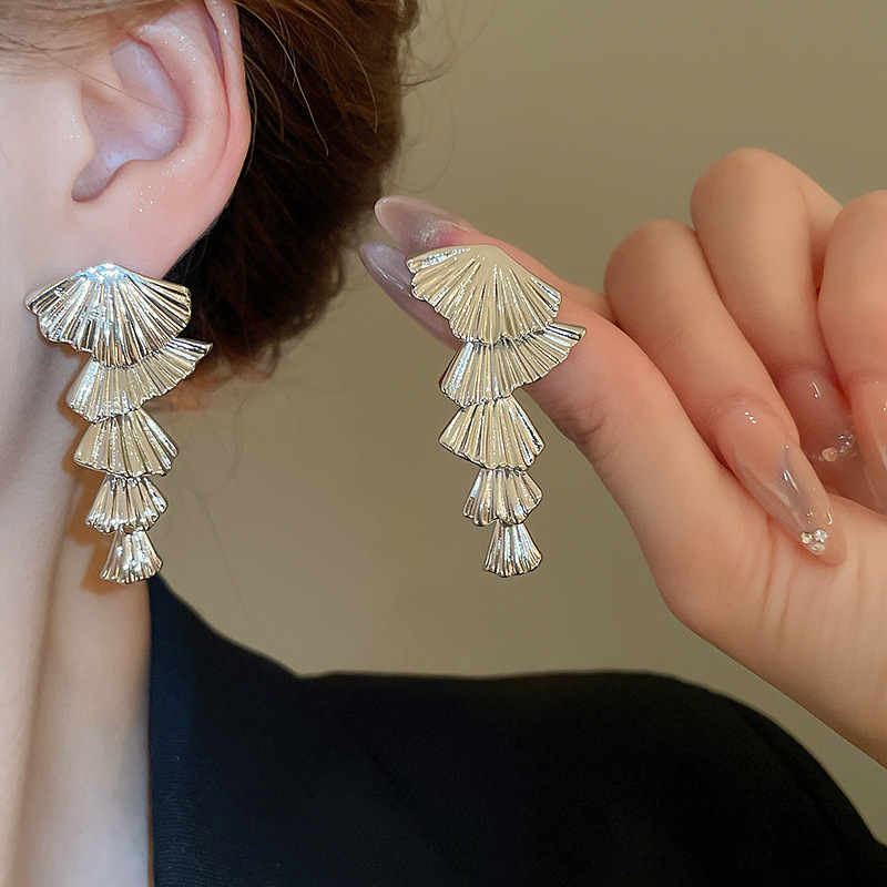 Cool Toned Metal Fan Shaped Earrings with Sterling Silver Needles Minimalist Ocean Inspired Sophisticated Ear Jewelry for Women