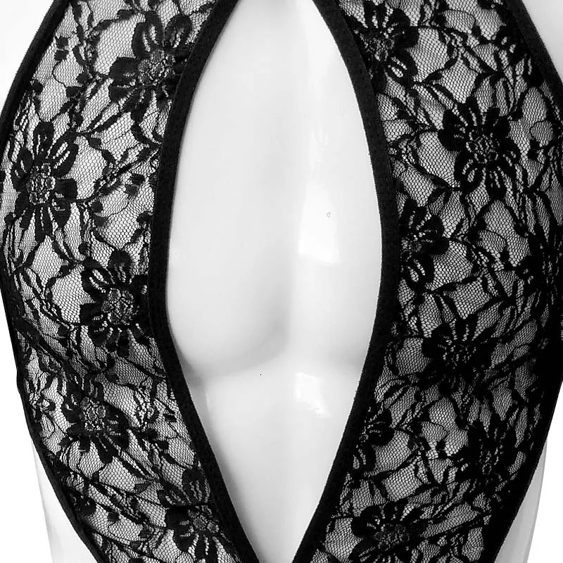 See Through Men Lace Bikini Lingerie Set Sleeveless Sissy Bra Tops with Crotchless G-string Thong Underwear Gay Sexy Panties 250603