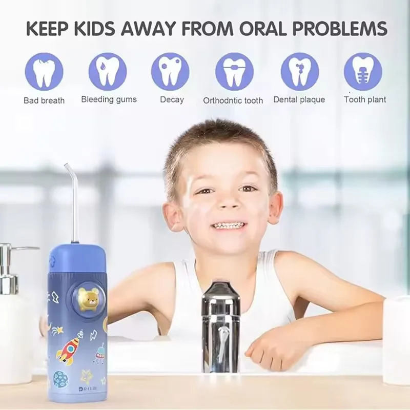 Mini Electric Oral Irrigator Kids Water Flosser Cordless Teeth Cleaning Gums Braces Care Rechargeable with 4 Tips 2 Modes 250605