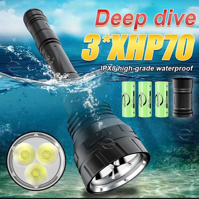 New 3*XHP70 Professional Diving Flashlight Rechargeable Diving Torch Underwater 100M IP8 Super Waterproof Underwater LanternXJ250609