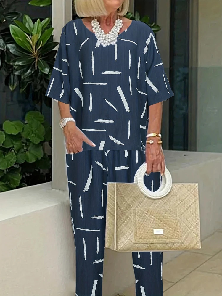 Plus Size 2025 Summer Womens Irregular Pattern Round Neck Short Sleeve Top Elastic Waist Trousers Basic 2 Piece Set 250603