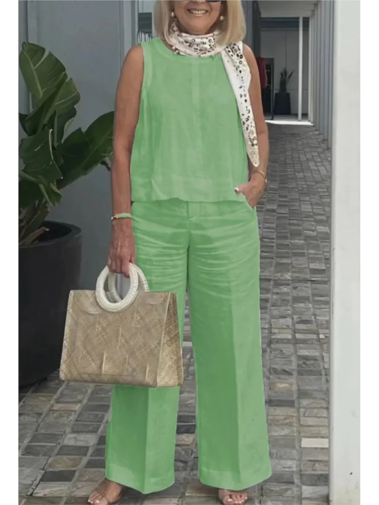 Summer Womens Cotton And Linen Suits Fashionable And Casual Sleeveless Tops Wide-leg Trousers Two-piece Set Womens Clothing 250606