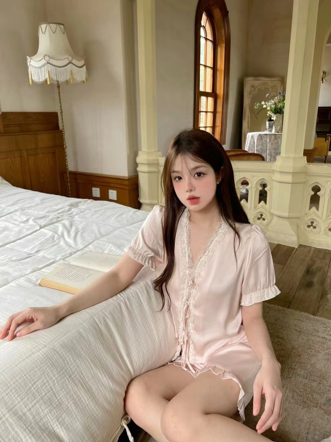 B920-Ice silk ladies pajamas spring and autumn new cardigan long sleeve trousers two-piece suit can be worn as a casual home wear