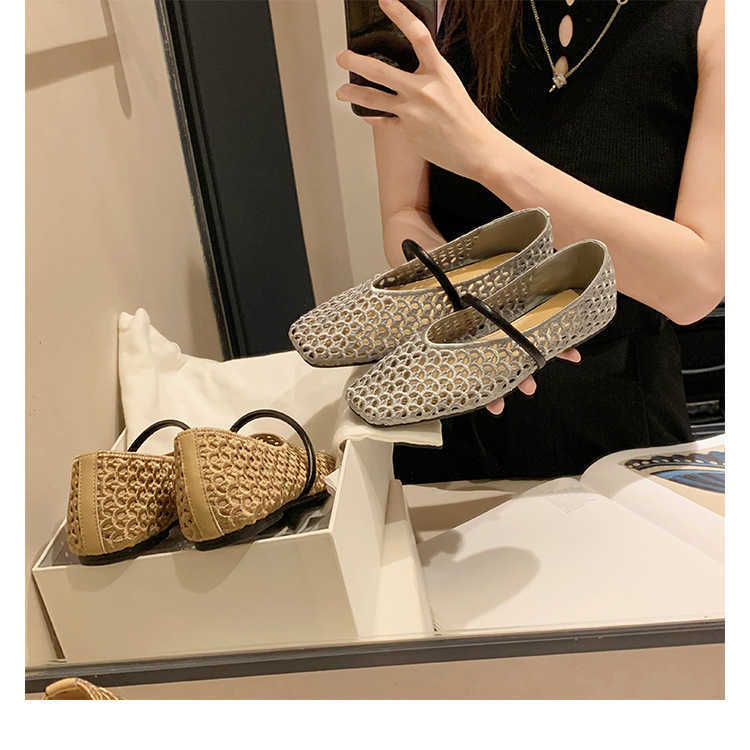 Sheepskin Version French Genuine Leather Square Toe Hollow Mesh Sandals For Women New Soft Sole Woven Mary Jane Shoes