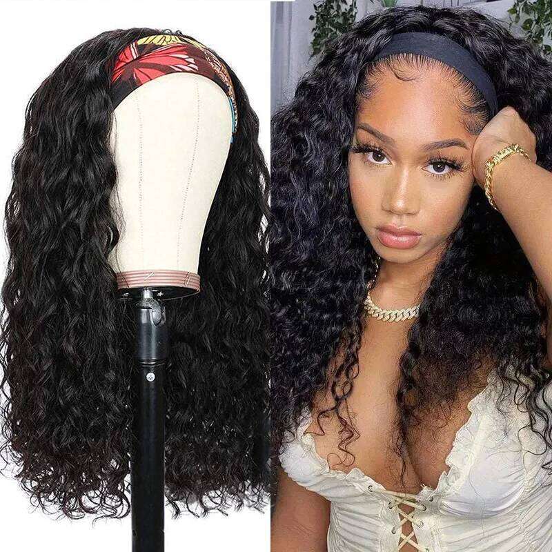 Wigs-Water Wave Headband Human For Women Synthetic Hair 16-24 Inches Remy Full hine Made Black Curly Hair Band Wigs