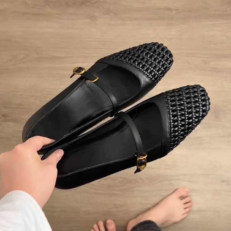 French Genuine Leather Woven Hollow Square Toe Mary Jane Shoes for Women One Strap Chunky Heel Soft Sole Commuter Versatile Flats