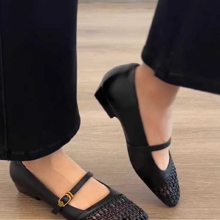 French Genuine Leather Woven Hollow Square Toe Mary Jane Shoes for Women One Strap Chunky Heel Soft Sole Commuter Versatile Flats